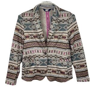 Land's End Sweater Fleece Blazer Women Small Fair Isle Tribal Casual Boho NWOT